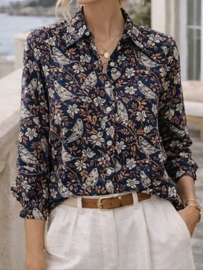 J McLaughlin Bird Print Blouse Size M Floral Button Front Artsy Preppy